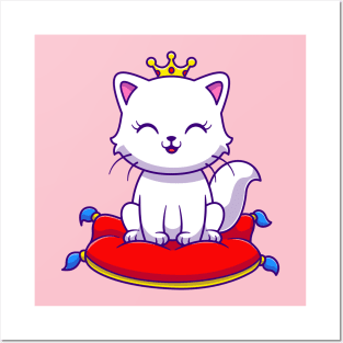 Cute Queen Cat Sitting On Pillow Cartoon Posters and Art